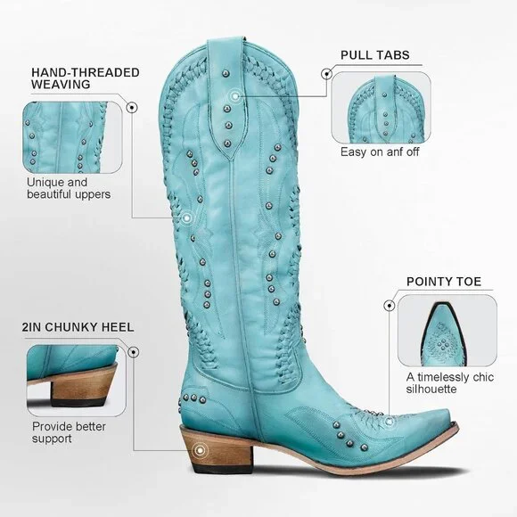 Women's Blue Knee High Western Cowgirl Boots Pointed Toe Chunky Heel Pull on - Picture 5 of 7